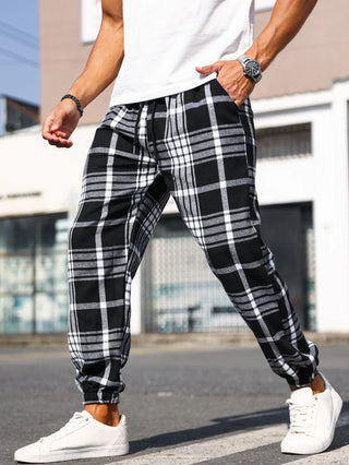 Men's Plaid Print Cuffed Casual Trousers Comfortable Sleepwear Pajamas Pants for Relaxed Style