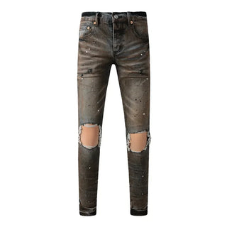 Fashion American Streetwear Distressed Vintage Men's Jeans Low Rise Stretch Skinny Button Fly Ripped Hold Pants