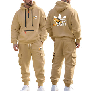 Autumn and Winter Printed New Men's Velvet Hoodie, Work Clothes, Pants Set, Sports Fashion, Leisure Multi Pocket 2-piece Set