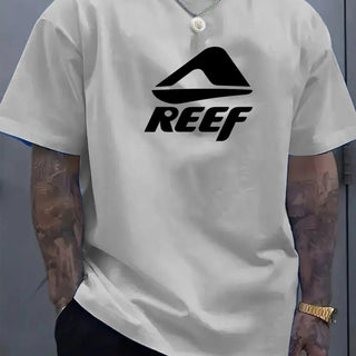 Men's summer 100% pure cotton fashionable casual loose geometric pattern REEF letter printed round neck short sleeved T-shirt