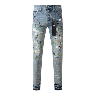 Fashion American Streetwear Distressed Vintage Men's Jeans Low Rise Stretch Skinny Button Fly Ripped Hold Pants