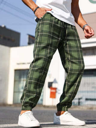 Men's Plaid Print Cuffed Casual Trousers Comfortable Sleepwear Pajamas Pants for Relaxed Style