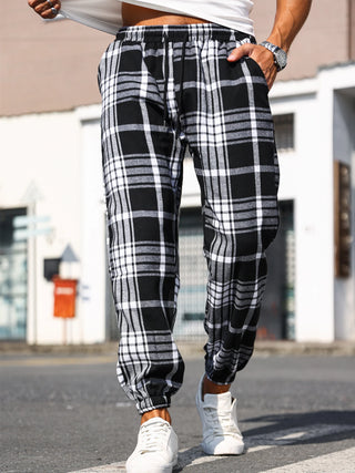 Men's Plaid Print Cuffed Casual Trousers Comfortable Sleepwear Pajamas Pants for Relaxed Style
