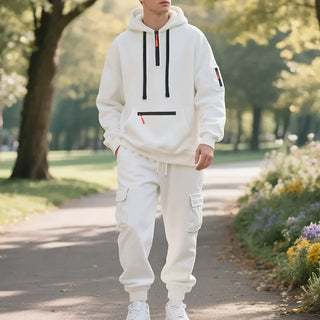 Autumn and Winter Printed New Men's Velvet Hoodie, Work Clothes, Pants Set, Sports Fashion, Leisure Multi Pocket 2-piece Set