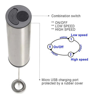 Rechargeable Stainless Steel Milk Frother 2 Speeds for Latte Cappuccino Espresso Home And Barista Use
