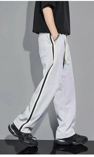 Fleece Thick Warm Straight Casual Pants Men Autumn Winter New Patchwork Striped Drawstring Waist Loose Versatile Sports Trousers