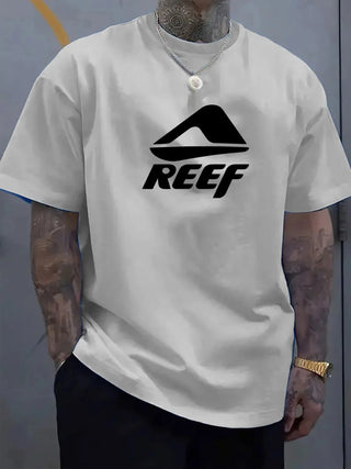 Men's summer 100% pure cotton fashionable casual loose geometric pattern REEF letter printed round neck short sleeved T-shirt