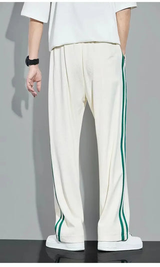 Fleece Thick Warm Straight Casual Pants Men Autumn Winter New Patchwork Striped Drawstring Waist Loose Versatile Sports Trousers