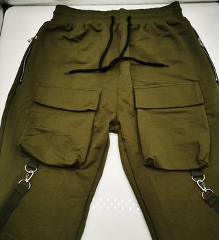 Mens Running Stretch Tights Sweatpants Sports Breathable Fitness Hip Hop Cotton Multi Pocket Cargo Pants Slim Leggings Chain