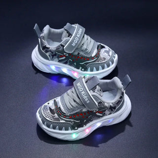 Spring New Children's Sports Shoes Cartoon Dinosaur Children's LED Light Shoes Soft Sole Boys' Causal Sneakers 2-6 Years Old