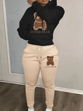 Autumn and winter women's loose and fashionable plus size cartoon bear print hooded sweater+woolen pants set