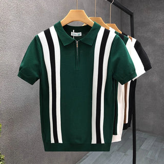 Luxury Contrast Color Striped Polo Shirt Mens Knitted Short Sleeve Zipper Polo Collar Shirt Summer Men Clothes Casual Knit Polos
