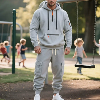 Autumn and Winter Printed New Men's Velvet Hoodie, Work Clothes, Pants Set, Sports Fashion, Leisure Multi Pocket 2-piece Set