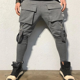 Mens Running Stretch Tights Sweatpants Sports Breathable Fitness Hip Hop Cotton Multi Pocket Cargo Pants Slim Leggings Chain