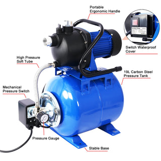 1.6 HP Shallow Well Pump Stainless Steel Water Transfer Camp Pumps Portable Garden Pump with Pressure Tank Automatic Operation