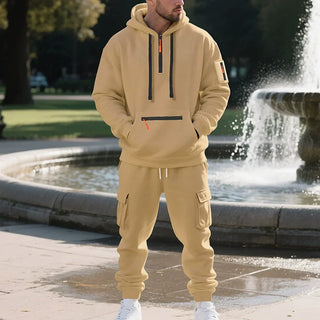 Autumn and Winter Printed New Men's Velvet Hoodie, Work Clothes, Pants Set, Sports Fashion, Leisure Multi Pocket 2-piece Set
