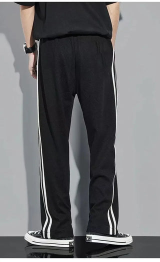 Fleece Thick Warm Straight Casual Pants Men Autumn Winter New Patchwork Striped Drawstring Waist Loose Versatile Sports Trousers