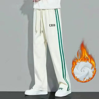 Fleece Thick Warm Straight Casual Pants Men Autumn Winter New Patchwork Striped Drawstring Waist Loose Versatile Sports Trousers