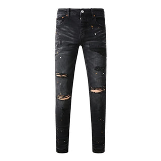 Fashion American Streetwear Distressed Vintage Men's Jeans Low Rise Stretch Skinny Button Fly Ripped Hold Pants