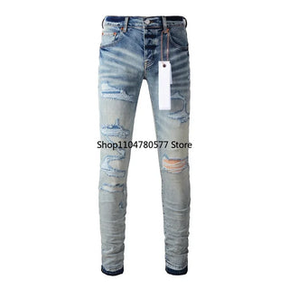 Fashion American Streetwear Distressed Vintage Men's Jeans Low Rise Stretch Skinny Button Fly Ripped Hold Pants