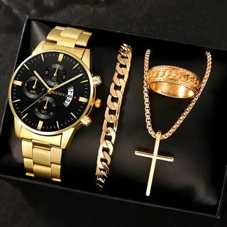 4pcs Luxury Men Business Quartz Watch Gold Alloy Roman with Calendar Wrist Watch Cross Necklace Bracelet Ring Set Men's Gift