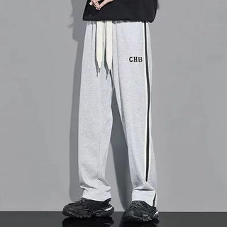 Fleece Thick Warm Straight Casual Pants Men Autumn Winter New Patchwork Striped Drawstring Waist Loose Versatile Sports Trousers