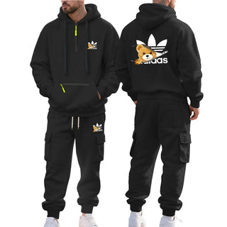 Autumn and Winter Printed New Men's Velvet Hoodie, Work Clothes, Pants Set, Sports Fashion, Leisure Multi Pocket 2-piece Set