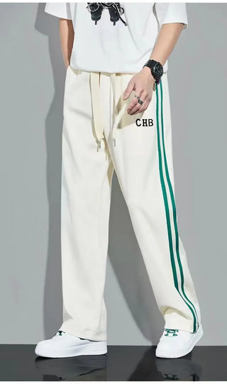 Fleece Thick Warm Straight Casual Pants Men Autumn Winter New Patchwork Striped Drawstring Waist Loose Versatile Sports Trousers