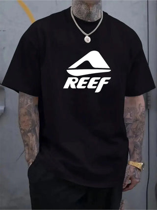 Men's summer 100% pure cotton fashionable casual loose geometric pattern REEF letter printed round neck short sleeved T-shirt
