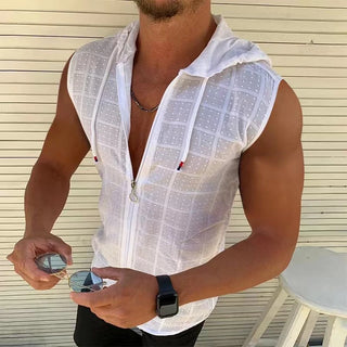 Short sleeved hooded zippered cardigan T-shirt for men's summer new fashionable plaid sleeveless t-shirt for men's lapel top