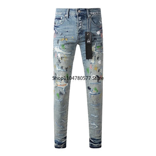 Fashion American Streetwear Distressed Vintage Men's Jeans Low Rise Stretch Skinny Button Fly Ripped Hold Pants