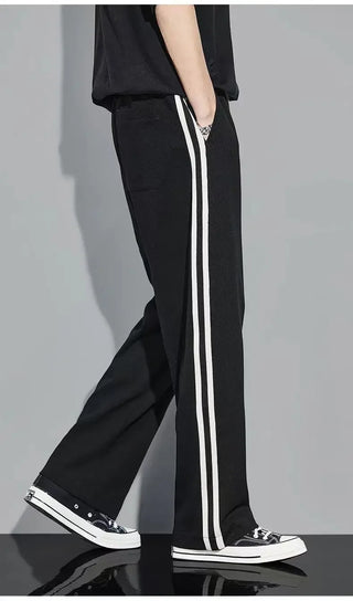 Fleece Thick Warm Straight Casual Pants Men Autumn Winter New Patchwork Striped Drawstring Waist Loose Versatile Sports Trousers