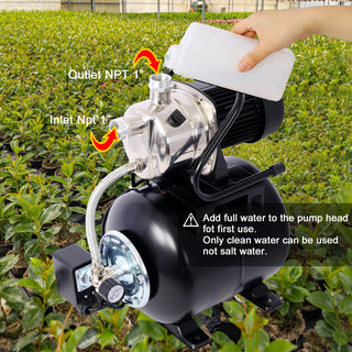 1.6 HP Shallow Well Pump Stainless Steel Water Transfer Camp Pumps Portable Garden Pump with Pressure Tank Automatic Operation