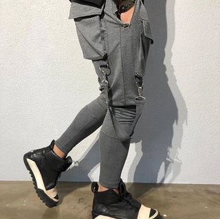 Mens Running Stretch Tights Sweatpants Sports Breathable Fitness Hip Hop Cotton Multi Pocket Cargo Pants Slim Leggings Chain