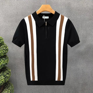 Luxury Contrast Color Striped Polo Shirt Mens Knitted Short Sleeve Zipper Polo Collar Shirt Summer Men Clothes Casual Knit Polos