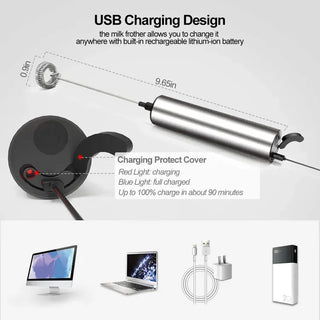 Rechargeable Stainless Steel Milk Frother 2 Speeds for Latte Cappuccino Espresso Home And Barista Use