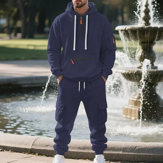 Autumn and Winter Printed New Men's Velvet Hoodie, Work Clothes, Pants Set, Sports Fashion, Leisure Multi Pocket 2-piece Set