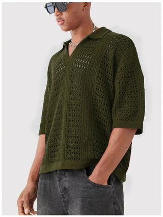 LVLAEA Hollow Out Mesh Men Spring Beachwear Pullover Polo-neck V-neck Open Short Sleeve Breathable Casual Crochet Top for Men