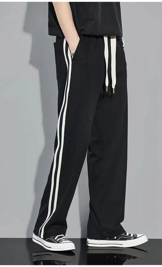 Fleece Thick Warm Straight Casual Pants Men Autumn Winter New Patchwork Striped Drawstring Waist Loose Versatile Sports Trousers