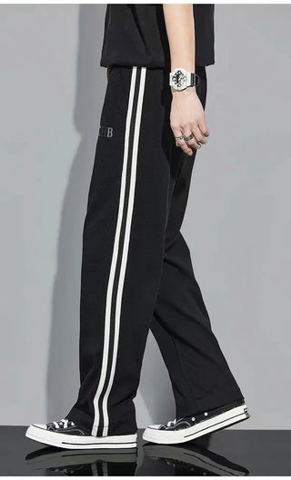 Fleece Thick Warm Straight Casual Pants Men Autumn Winter New Patchwork Striped Drawstring Waist Loose Versatile Sports Trousers