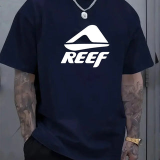 Men's summer 100% pure cotton fashionable casual loose geometric pattern REEF letter printed round neck short sleeved T-shirt