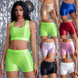 No Bra Pad Glossy Thin See Through Women 2 Pieces Sets Sexy Party Club Tank Top Shorts Set