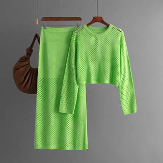 Women's clothing 2025 new summer long sleeved hollow knitted sweater long skirt fashion two-piece dress set skirt sets