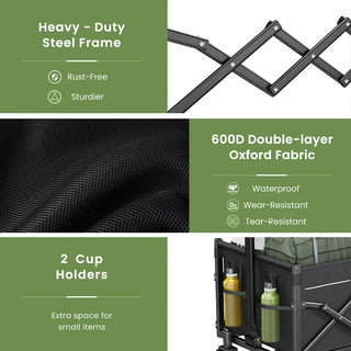 Collapsible Wagon Cart with Expandable Storage & Locking Front Wheels, Portable Foldable Wagon for Beach, Camping, Shopping