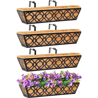4pcs 24 Inch Window Deck with Coconut Coir Liner, 24" Railing Planter Horse Trough Coco Basket Boxes Metal Hanging Flower
