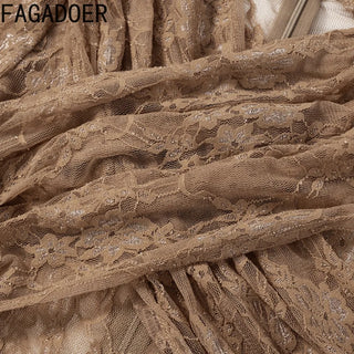 FAGADOER Sexy Lace Two Piece Set for Women Mesh See Through Hollow Out Crop Top + Bodycon Skirt Pants Suits Hot Girl Streetwear