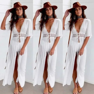 Bikini Cover Up Beach Long Maxi Dress Women Beach Cover Up Tunic Pareo White V Neck Dress Robe Swimwear Bathing Suit Beachwear