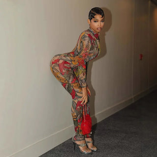 Weird Puss See Through Jumpsuit Women Backless Dragon Print Short Sleeve Fitness Activity Workout Overalls Slim Stretch Clubwear