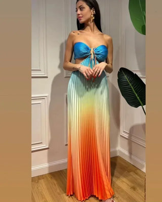 Bonny Summer Gradient Halter Pleated Women Maxi Dresses 2024 Sexy Off Shoulder Backless Wrap Chest Sundress Beach Vacation Robes