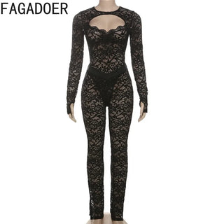 FAGADOER Sexy Lace 2 Piece Set Women Hollow Out See Through Crop Tops And Leggings Pants Female Night Club Outfit Streetwear New